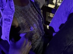 Husband made me show my tits and pierced nipples in restaurant and bar in totaly transparent shirt