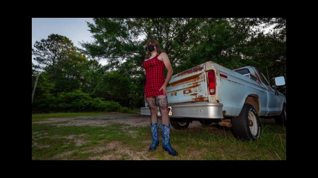 Big fake tits trans in tight dress fishnets boots outdoors photo shoot