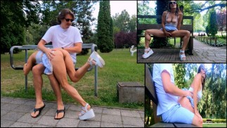 Risky fucking and ass spanked on a park bench among people
