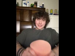 Pretty Boy uses toy to help him cum while dirty talking