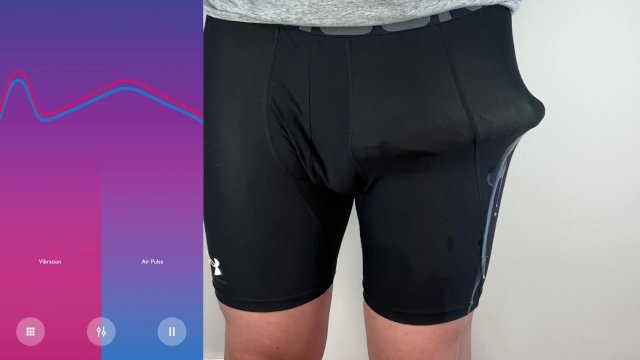 Huge cock hands free anal vibrator cumshot in tight pants