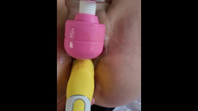 Girl masturbating with her boy by 2 dildo, 3 toys machine, loud moaning orgazm