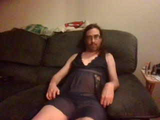 Amateur Man in Lingerie Plays with Glass Toys in Mouth and Ass