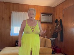 GILF TRIES ON TRANSPARENT YELLOW DRESS