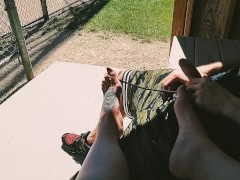 Trying To Not Get Caught In The Park Handjob & Footjob!