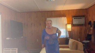 GILF TRIES ON SUPER TRANSPARENT BLUE DRESS