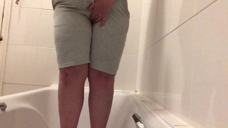 Desperately trying to hold my pee, soaking my grey shorts POV. Bonus bathtime fun at the end