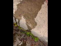 Girl let's pee run down cement steps