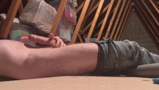 Up in the attic, secretly wanking my big cock while family downstairs. Hung, horny, desperate to cum