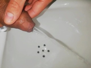INTENSE CUMSHOT and Desperate PISSING in a Public Bathroom, they almost Caught me