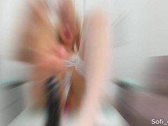 Blonde girl making footjob on pantyhose