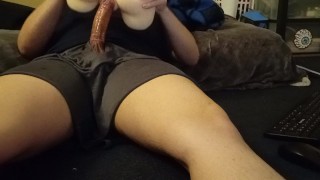 Man enjoys sex toy while watching hentai