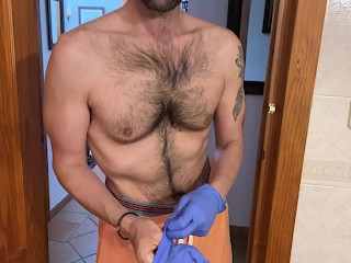 Hot Hairy Stud Strips and Cums HARD Wearing Latex Gloves