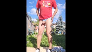 Separatec pouched briefs in the backyard