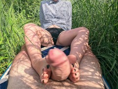 Tasty footjob in the tall grass, outdoor foot fetish