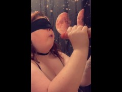 Slutty wife Blind folded and sucking on a big cock