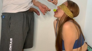 My stepbrother tricks me with the game of taste and puts his cock in my mouth