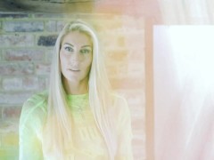 Blonde showing off transparent fishnet dress with tanlines