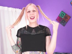 GROOBYGIRLS - Horny blonde with tattoos fucks her ass with dildo while masturbating her cock - Screenshot 3 of 16 - On Couch