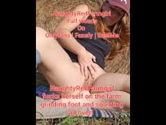 Horny Redhead farmgirl fucks her ass and pussy squirting all over the farm!