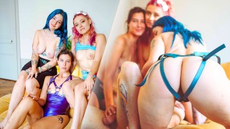 3 girls fuck him hard and make his dream come true - Pegging Domination MWWW