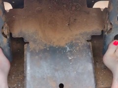 Pedal pumping a bobcat tractor with shoes then socks then barefooted