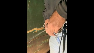 Guy pisses outside after jerking off, pee goes wild