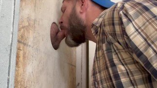 Two hairy Dads use a workshop gloryhole