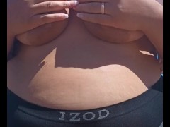 Hubby films while I start flashing big tits to voyeurs at nude beach