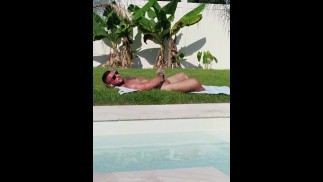Muscle Jock Almost Gets Caught Stroking His Big Cock By the Pool Outside Naked