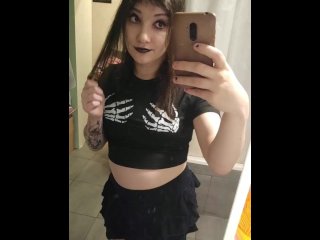 Goth girl flashing dick and ass in front of mirror