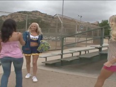 Two girls share one double headed dildo, while the third girl holds the sex toy!- PervMilfsnTeens