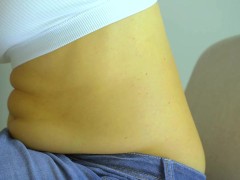 Eating in a jeans skirt