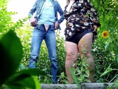 Joint masturbation in the woods and cum on hot milfs thighs