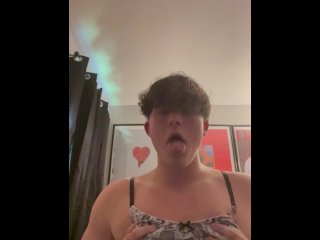 Femboy Mikey makes ahegao face while fondling breast.