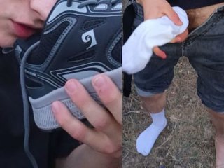 sniffing sneakers. I jerking off while I still twink. cumming in a white sock.