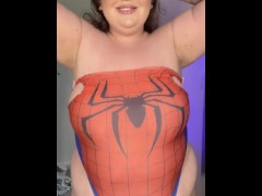 BBW DRESS AS SPIDERWOMAN LETS HER BELLY HANG