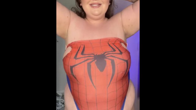 BBW DRESS AS SPIDERWOMAN LETS HER BELLY HANG