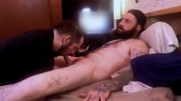 Tattooed straight guy gets sloppy blowjob from cum hungry fag