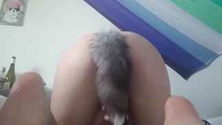 Little ftm puppy uses big vibrator