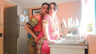 Stepson fucked his indian stepmom while she was cooking in the middle of the day