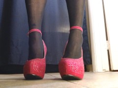 Black Thigh High Stockings Gorgeous Fuchsia Gem Heels