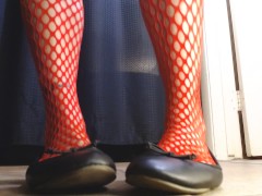 Red Fishnets Ballet Flats Shoeplay Dipping Toe Wiggling - Screenshot 13 of 16 - Foot