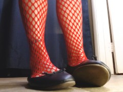 Red Fishnets Ballet Flats Shoeplay Dipping Toe Wiggling - Screenshot 14 of 16 - Feet