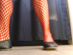 Red Fishnets Ballet Flats Shoeplay Dipping Toe Wiggling - Screenshot 3 of 16 - Foot