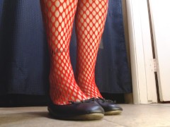 Red Fishnets Ballet Flats Shoeplay Dipping Toe Wiggling - Screenshot 4 of 16 - Feet