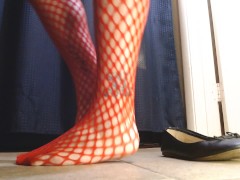 Red Fishnets Ballet Flats Shoeplay Dipping Toe Wiggling - Screenshot 8 of 16 - Foot