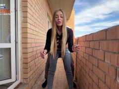 Step sister smokes on the balcony, takes off her jeans and lets her pussy get fucked