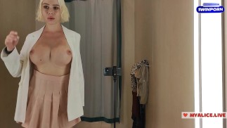 Naked blonde Try on haul transparent clothes in a mall fitting room