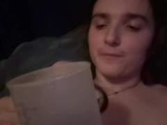 Trans girl masturbates, squirts into her tea and drinks it